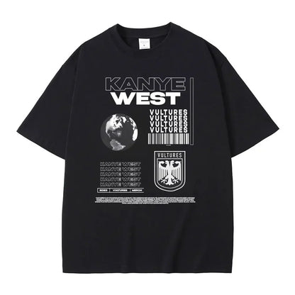 Black oversized cotton t-shirt with bold white kanye west vultures graphic print for hip hop fashion fans