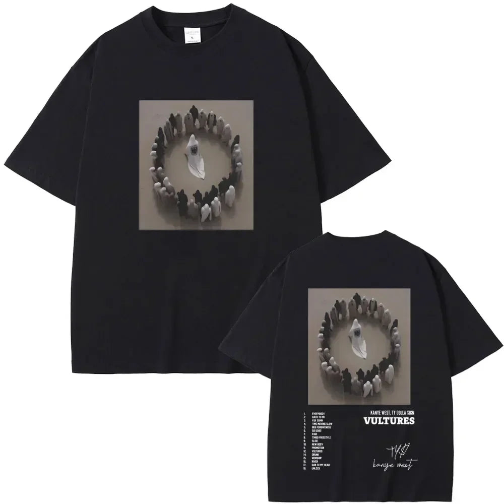 Black cotton t-shirt featuring kanye west vultures album art with central white figure for hip hop fashion fans