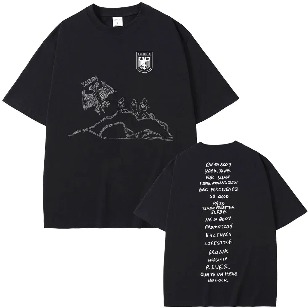 Black cotton oversized t-shirt featuring white line-art eagle and figures with vultures shield emblem for hip hop fashion