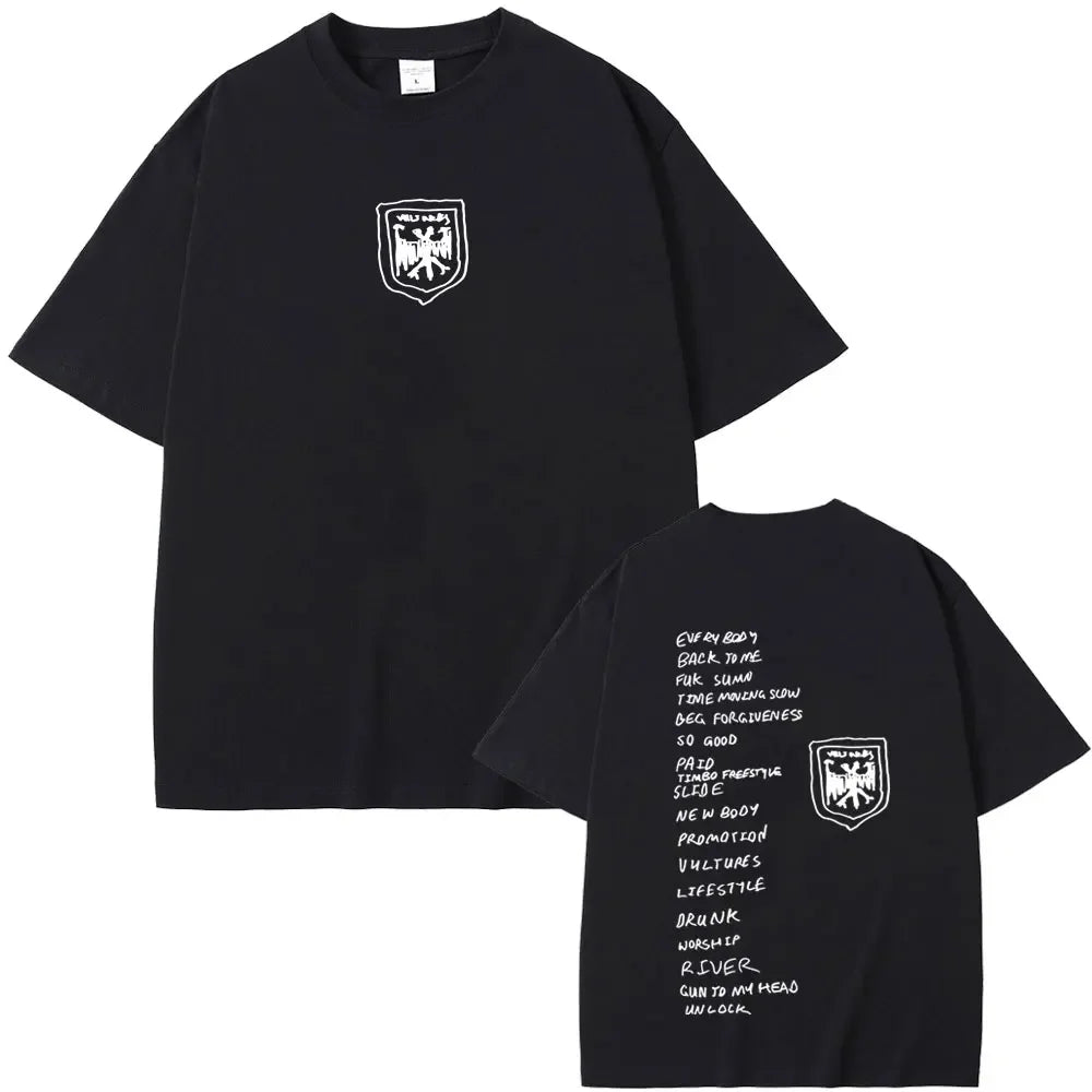 Black oversized cotton t-shirt with white shield logo on chest and handwritten text on back rapper kanye west hip hop fashion