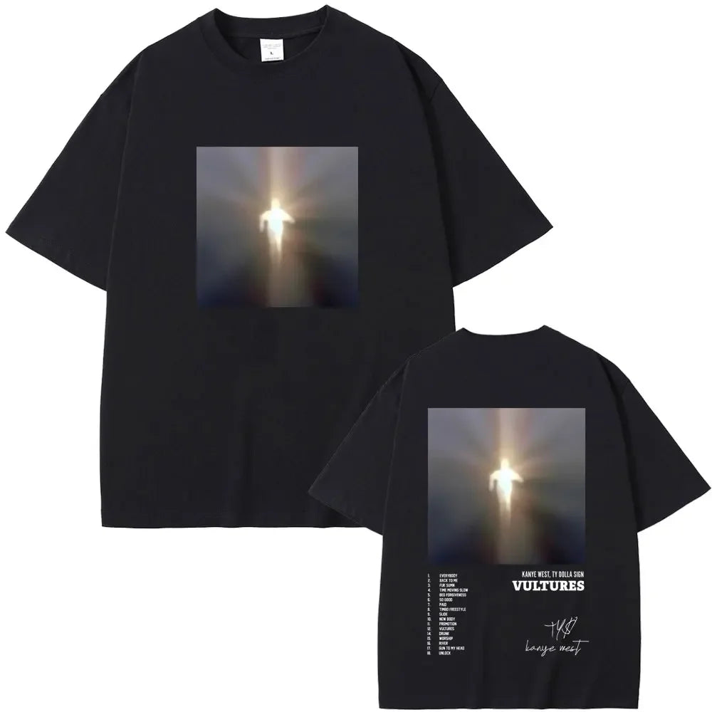 Black cotton short-sleeved t-shirt with kanye west vultures album graphic and track titles on back for hip hop fashion