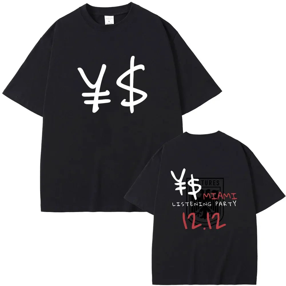 Black short-sleeved cotton t-shirt with white and red kanye west vultures graphic print for hip hop fashion fans