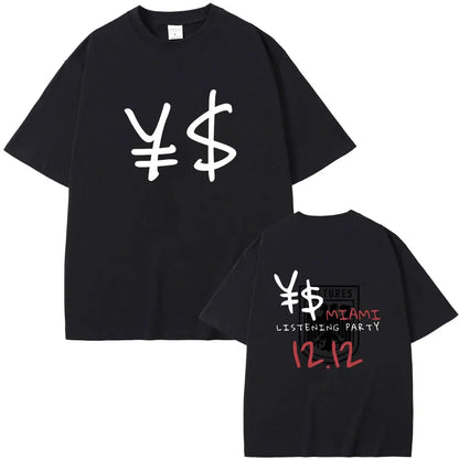 Black short-sleeved cotton t-shirt with white and red kanye west vultures graphic print for hip hop fashion fans