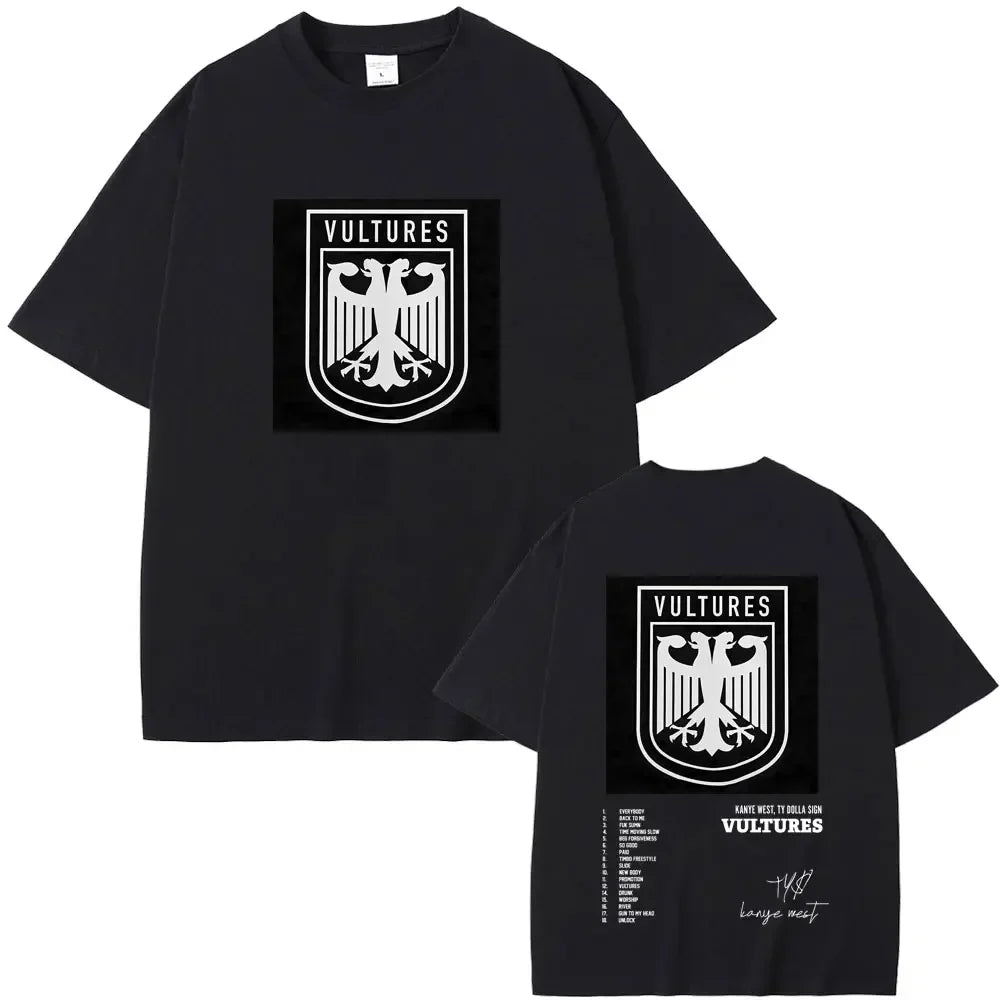 Black short-sleeved cotton t-shirt featuring white vultures logo with eagle emblem for rapper kanye west hip hop fashion