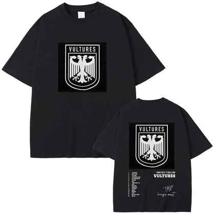 Black short-sleeved cotton t-shirt featuring white vultures logo with eagle emblem for rapper kanye west hip hop fashion
