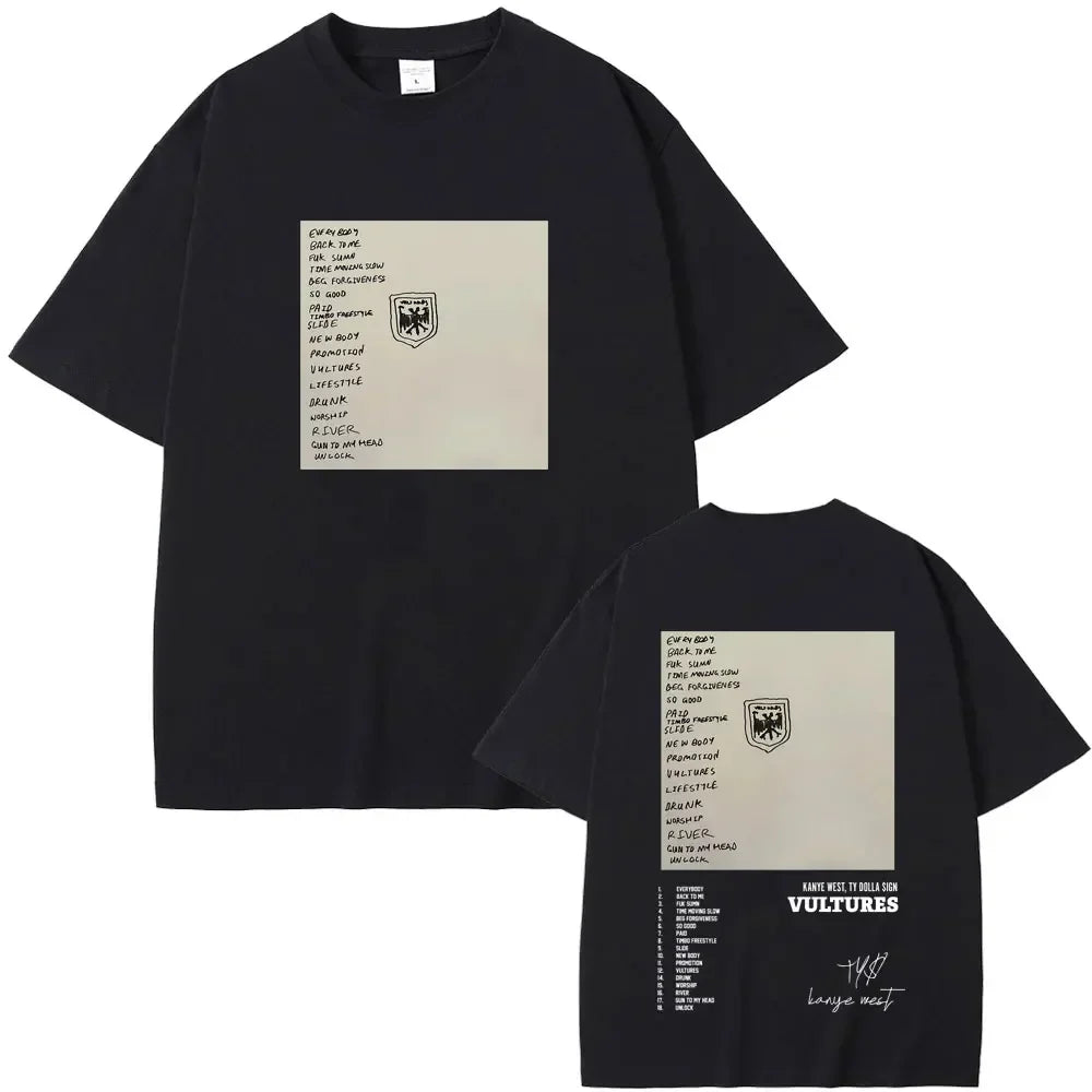 Black cotton short-sleeved t-shirt featuring kanye west vultures album graphic for hip hop fashion fans