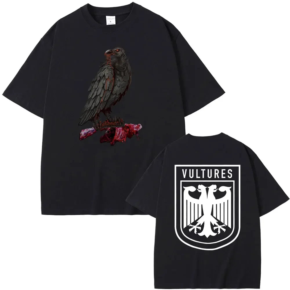 Black cotton short-sleeved t-shirt featuring kanye west vultures graphic with red-eyed vulture and hip hop fashion style