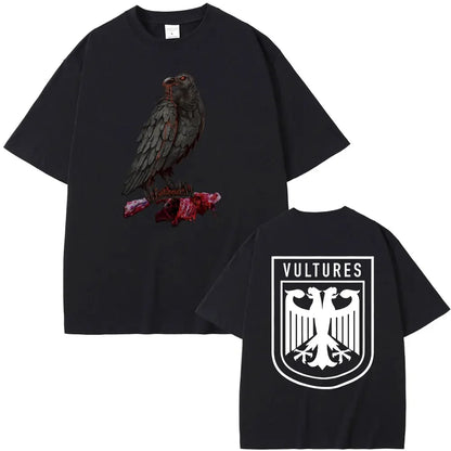 Black cotton short-sleeved t-shirt featuring kanye west vultures graphic with red-eyed vulture and hip hop fashion style