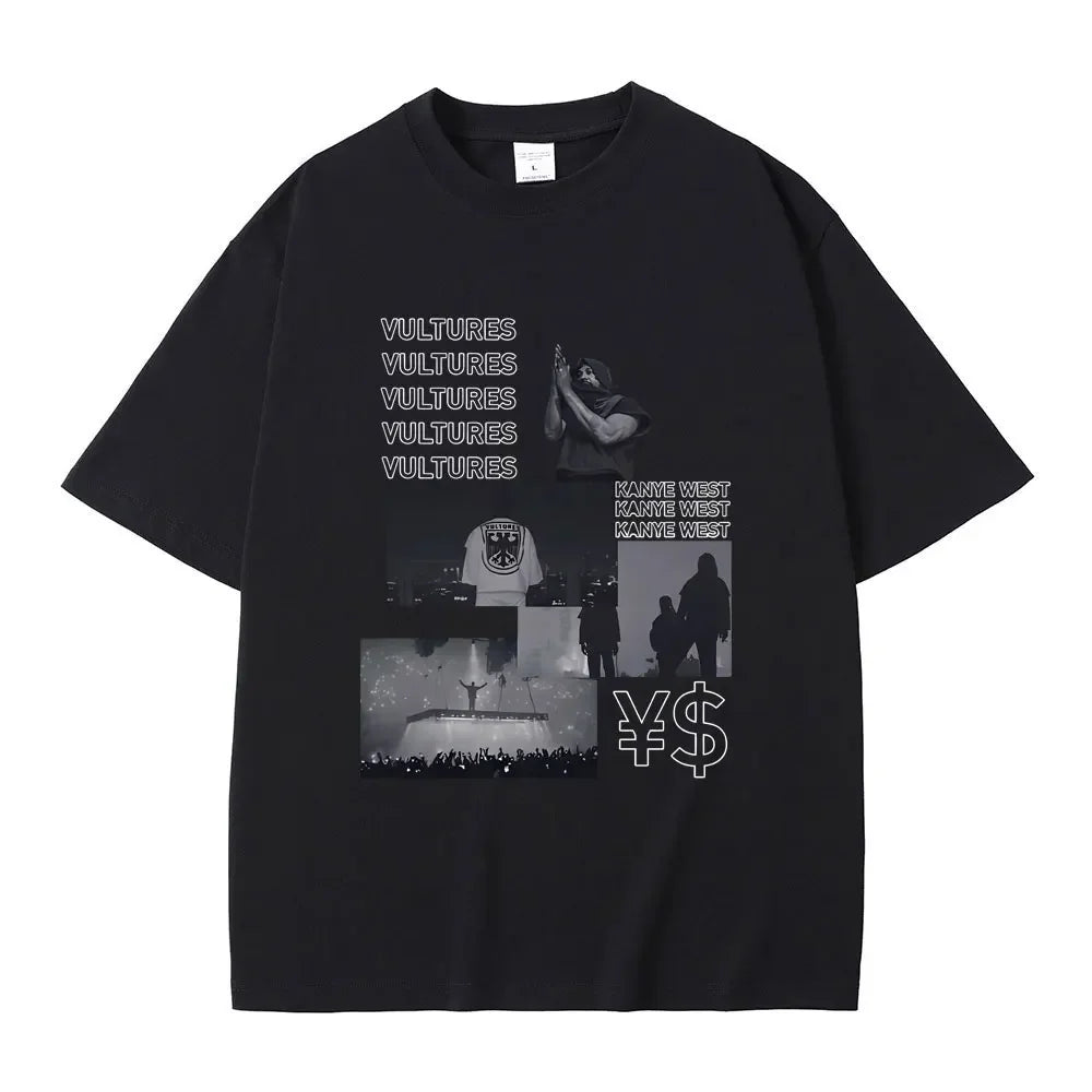 Black cotton short-sleeved t-shirt featuring kanye west vultures collage print with currency symbols for hip hop fashion