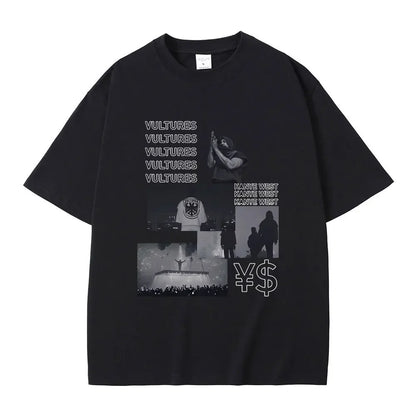 Black cotton short-sleeved t-shirt featuring kanye west vultures collage print with currency symbols for hip hop fashion