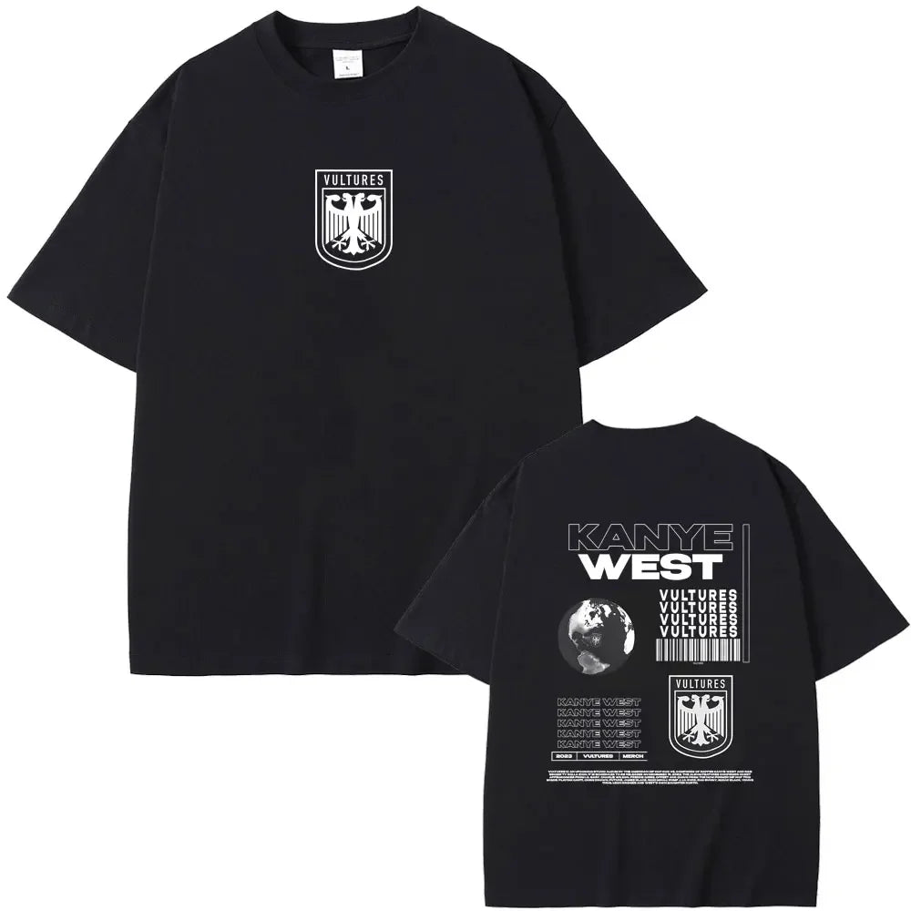 Black cotton short-sleeved t-shirt with kanye west vultures graphics and hip hop fashion design for men and women