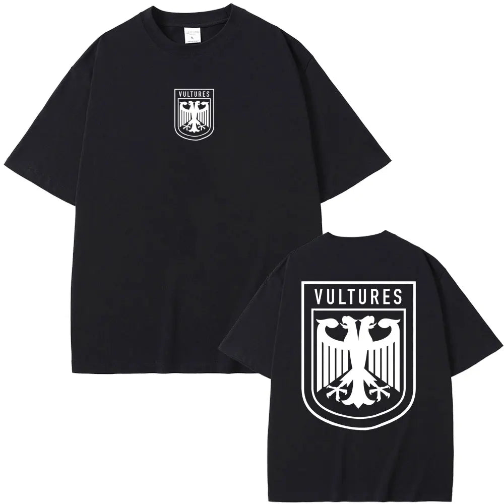 Black cotton short-sleeved t-shirt with white vultures eagle logo front and back for rapper Kanye West hip hop fashion