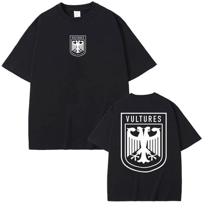Black cotton short-sleeved t-shirt with white vultures eagle logo front and back for rapper Kanye West hip hop fashion