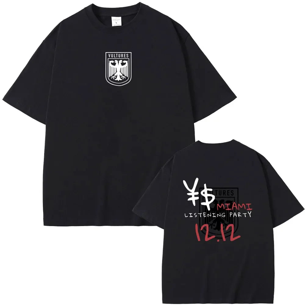 Black cotton short-sleeved t-shirt with white vultures logo and red miami graphic for rapper kanye west hip hop fashion