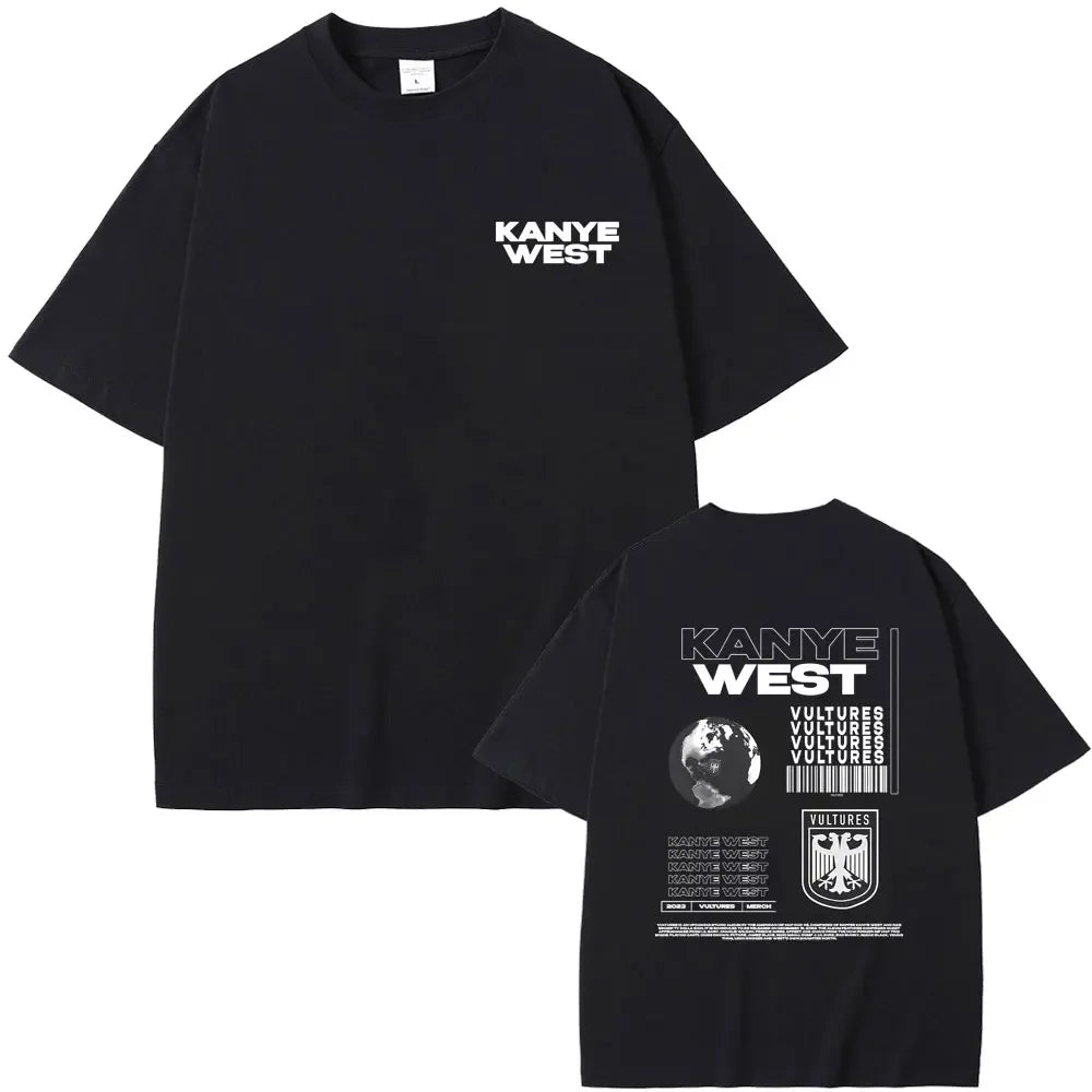 Black cotton short-sleeved t-shirt featuring white kanye west text and back graphic with earth globe and barcode in hip hop fashion