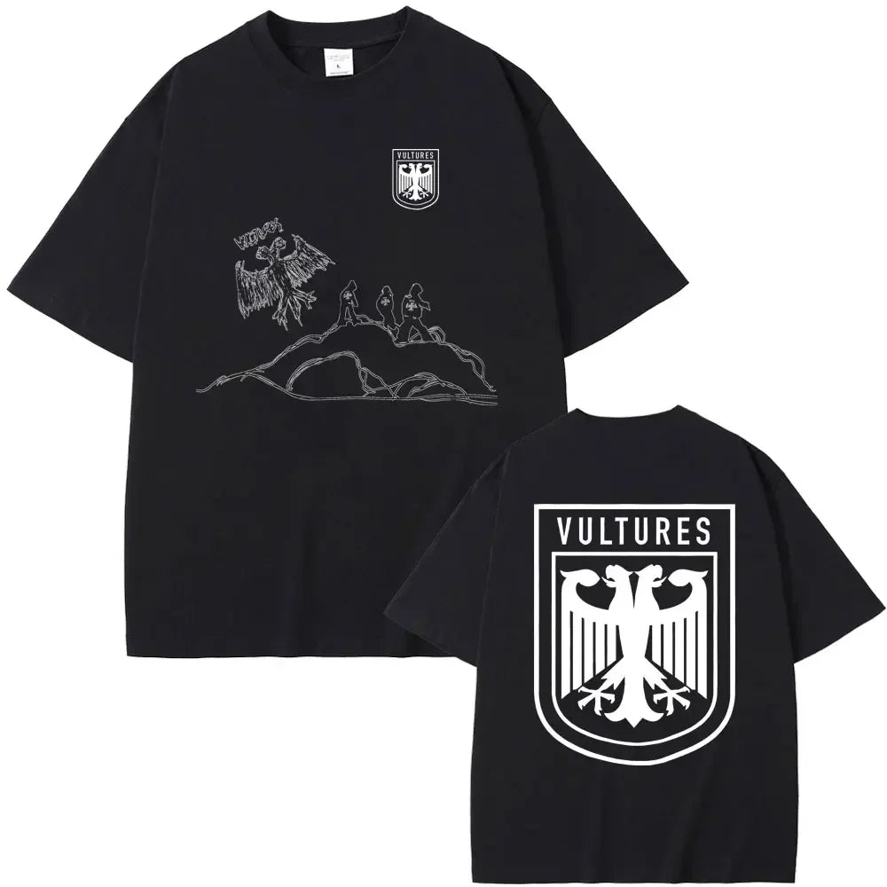 Black cotton short-sleeved t shirt with white vulture line art front and kanye west vultures eagle emblem back for hip hop fashion