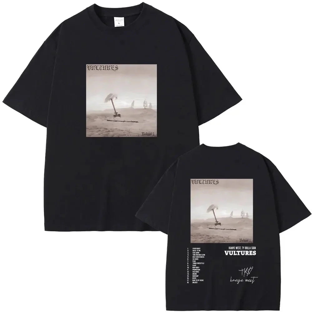 Black cotton short-sleeved t-shirt featuring kanye west vultures album graphic with tour itinerary for hip hop fashion fans