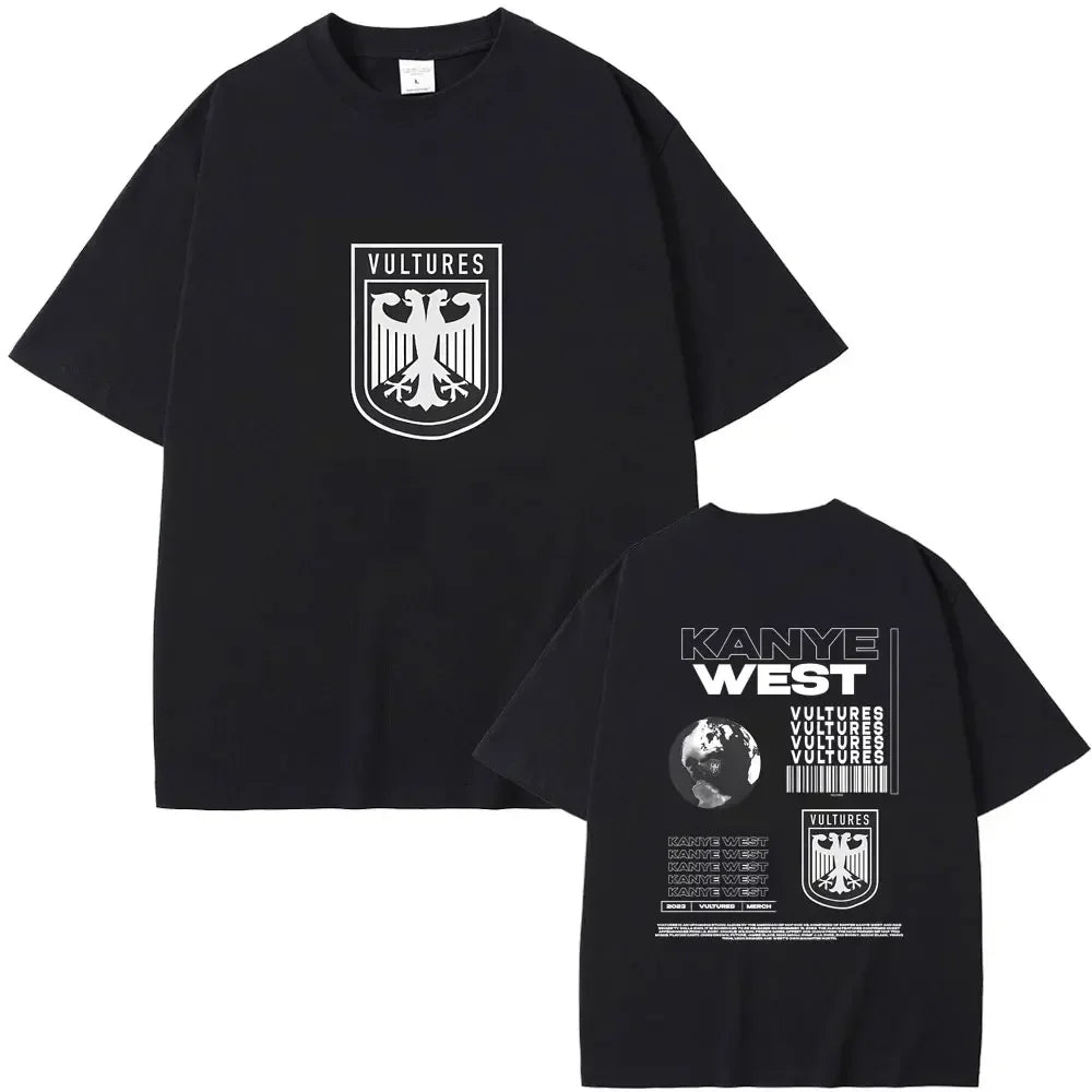 Black cotton short-sleeved t-shirt with white kanye west vultures graphic prints front and back for hip hop fashion