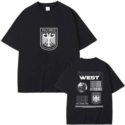 Black cotton short-sleeved t-shirt with white kanye west vultures graphic prints front and back for hip hop fashion