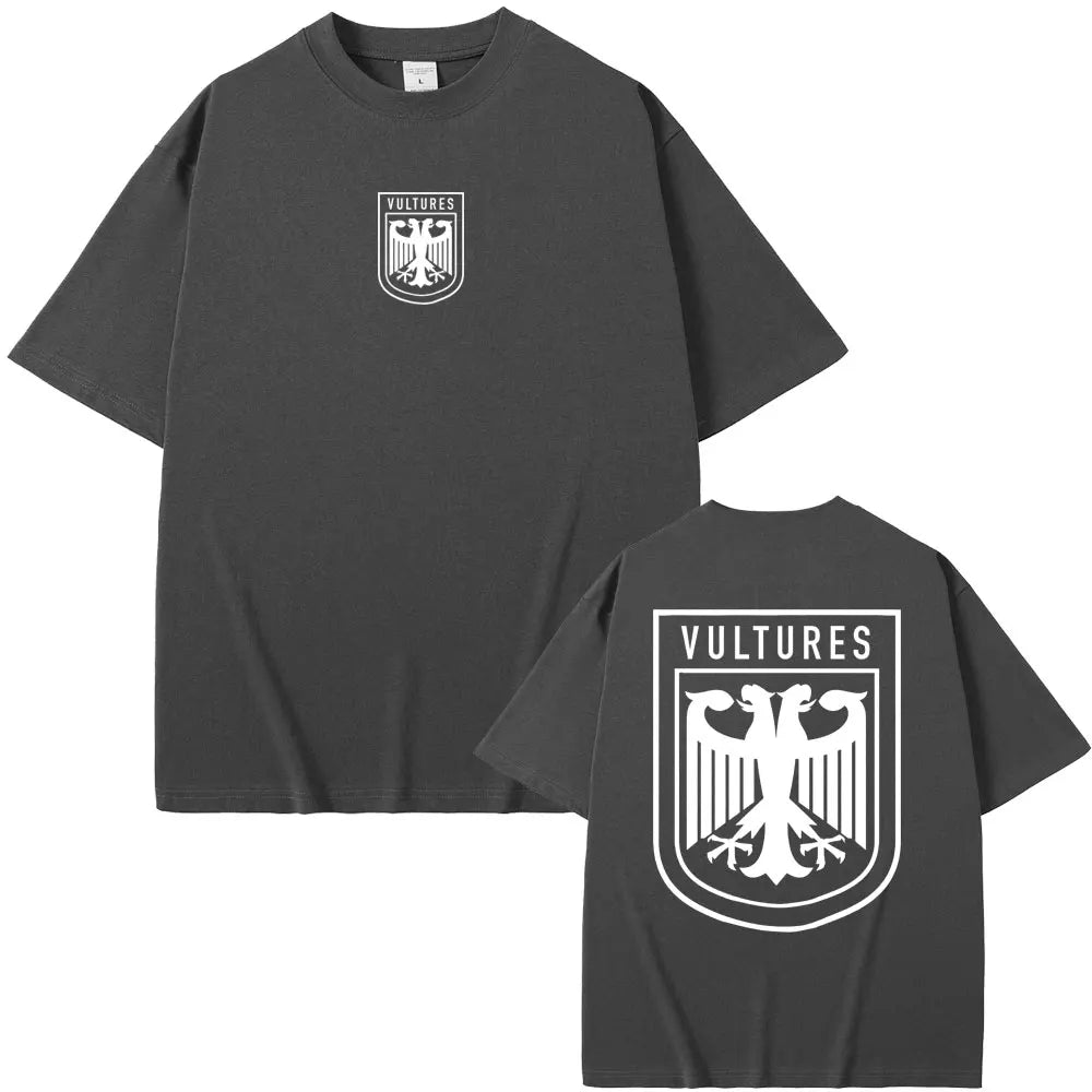 Dark gray cotton short-sleeved t-shirt with white vultures eagle logo front and back for rapper kanye west hip hop fashion