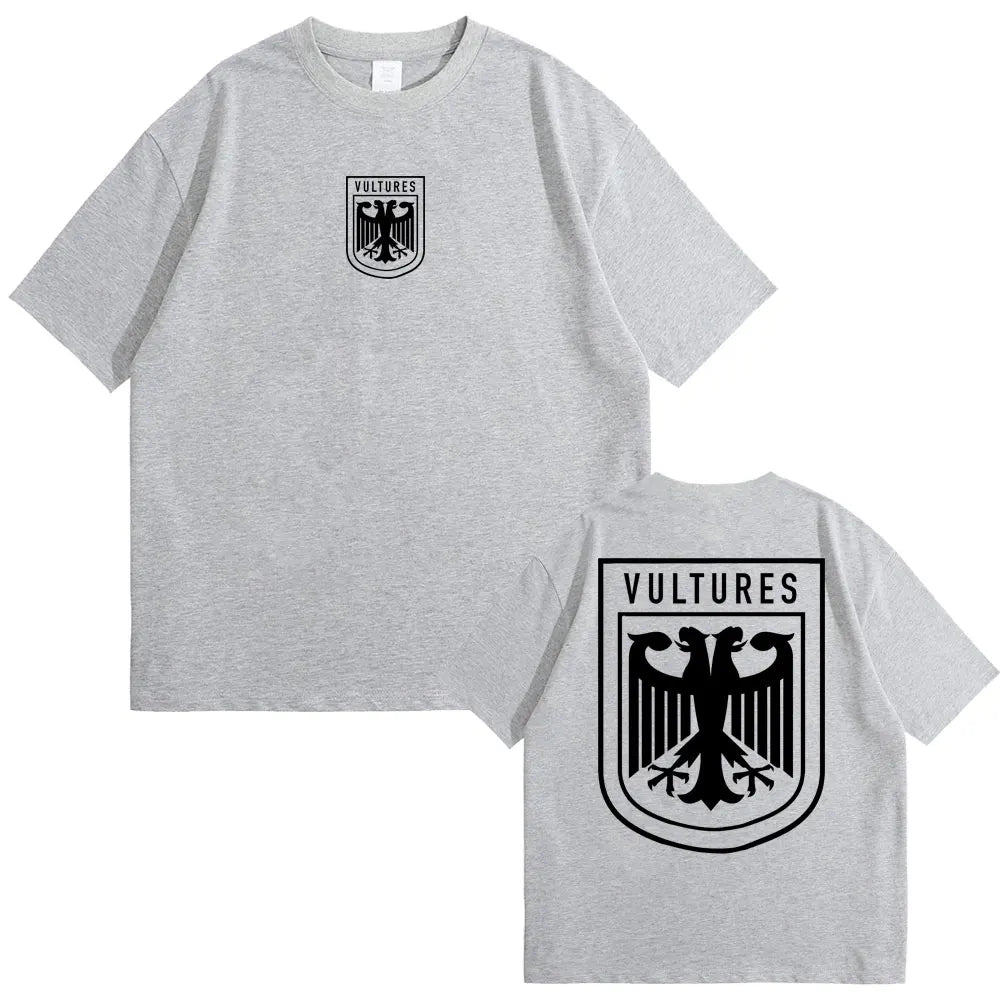 Gray cotton oversized t-shirt featuring black eagle emblem on front and back inspired by rapper Kanye West vultures hip hop fashion