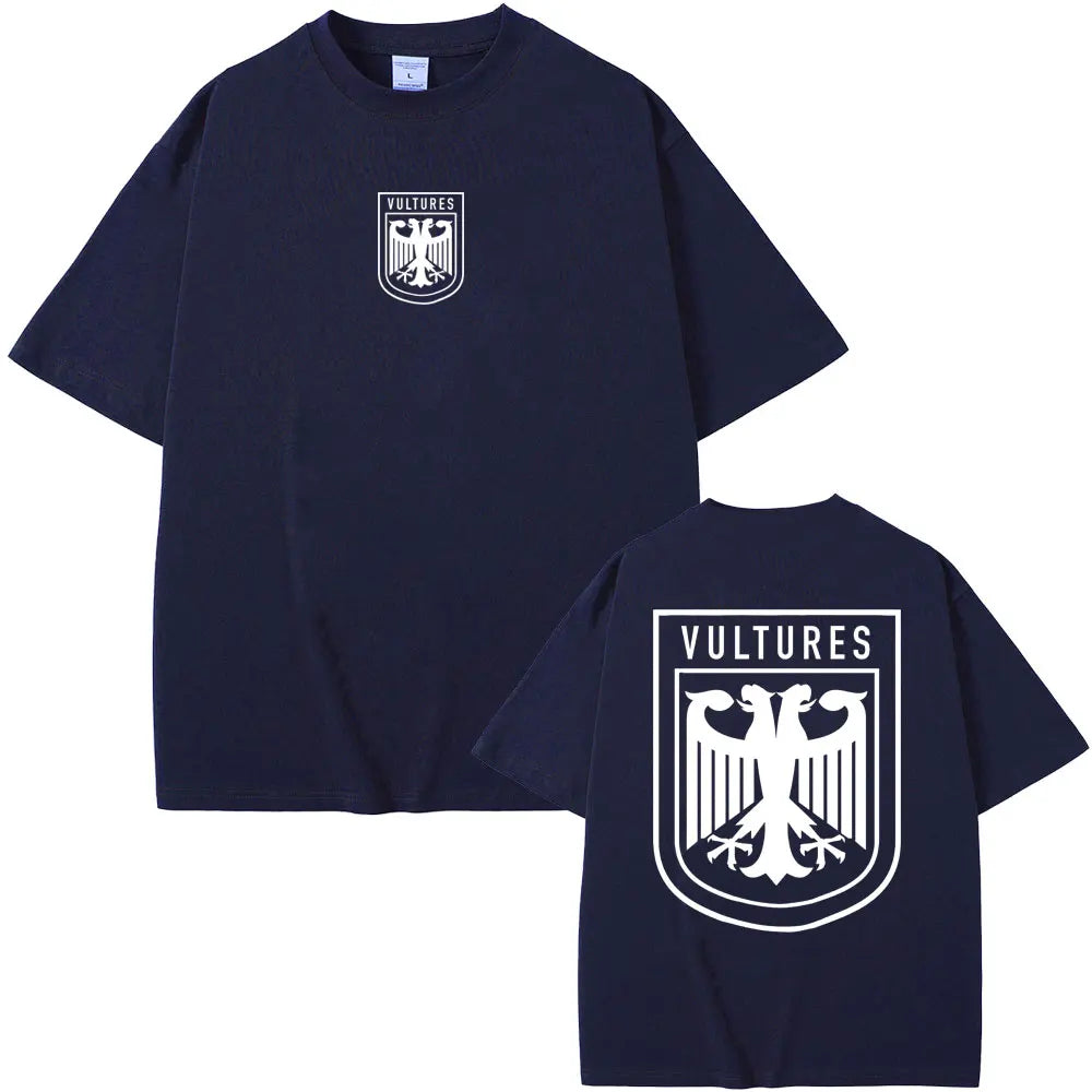 Navy blue cotton short-sleeved t-shirt with white vultures logo and eagle emblem front and back rapper kanye west hip hop fashion