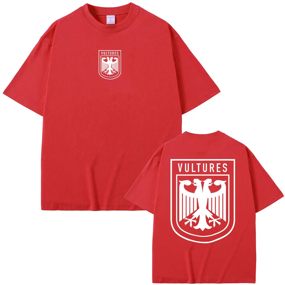 Red short-sleeved cotton t-shirt with white vultures eagle logo front and back for rapper kanye west hip hop fashion