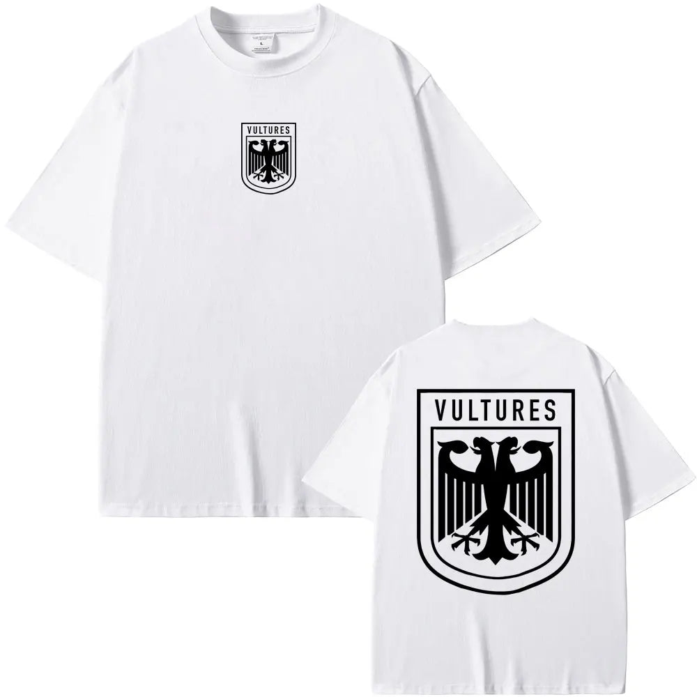White short-sleeved cotton t-shirt with black kanye west vultures eagle logo for hip hop fashion fans front view