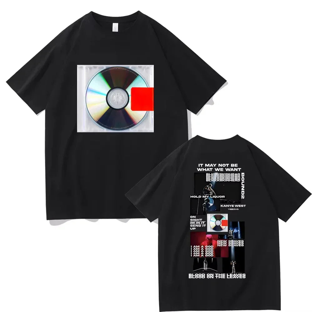 Black short-sleeved kanye west yeezus t-shirt featuring album cover cd graphic and detailed back design for male oversized streetwear