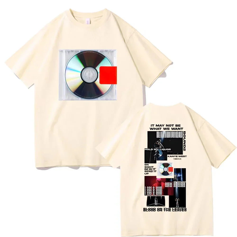 Cream-colored cotton t-shirt featuring kanye west yeezus album cover graphic on front and collage design on back for male oversized streetwear