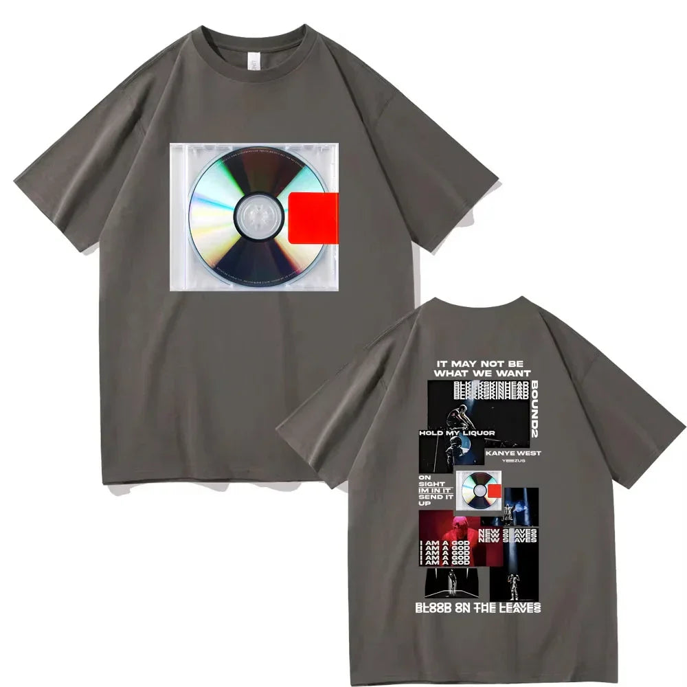 Dark gray male oversized streetwear t-shirt featuring kanye west yeezus album cover graphic print front and back