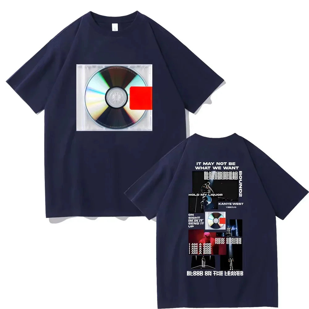 Navy blue kanye west yeezus t-shirt with cd graphic print front and detailed text design on back male oversized streetwear album cover
