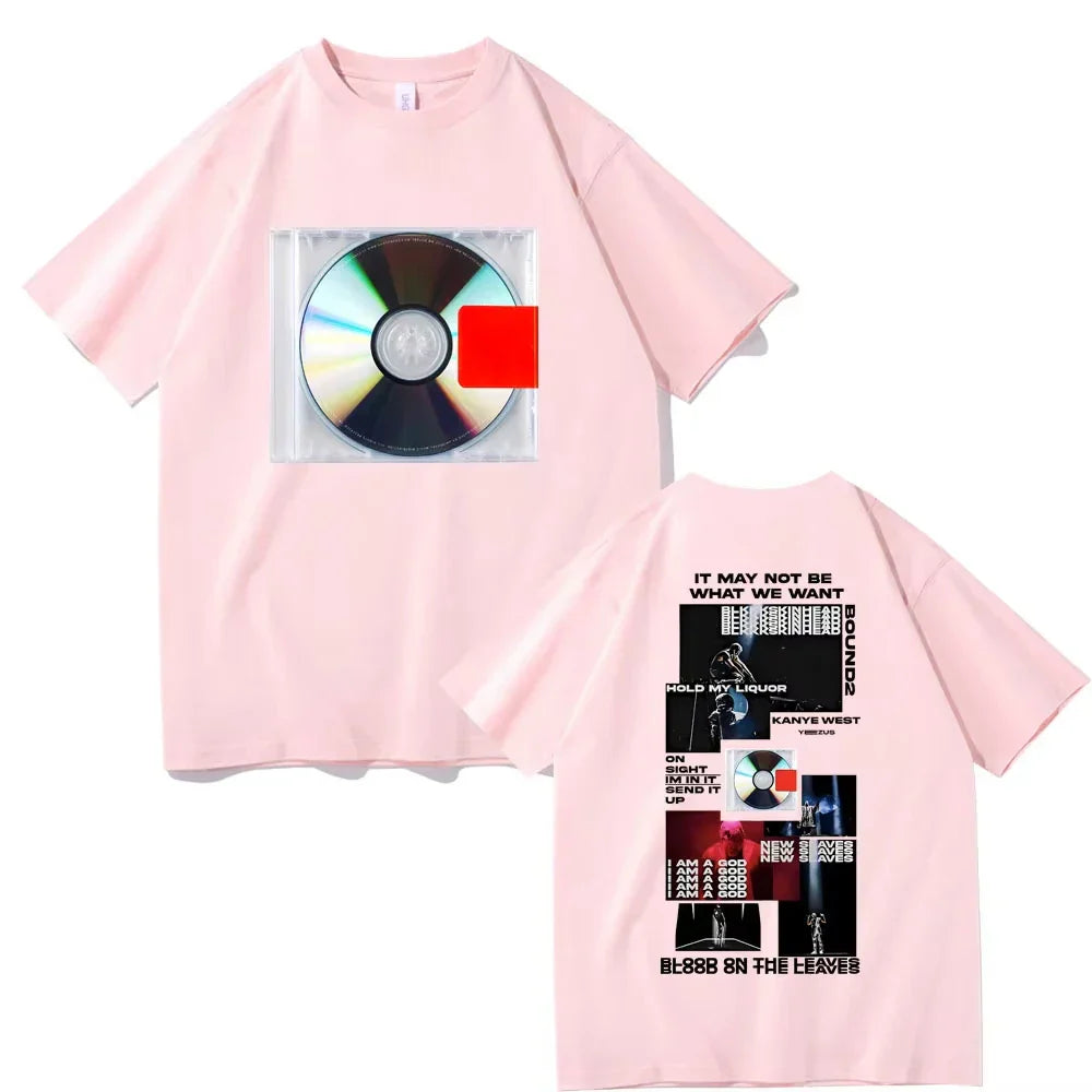 Pink short-sleeved male oversized streetwear t-shirt featuring kanye west yeezus bleed out album cover print front and back