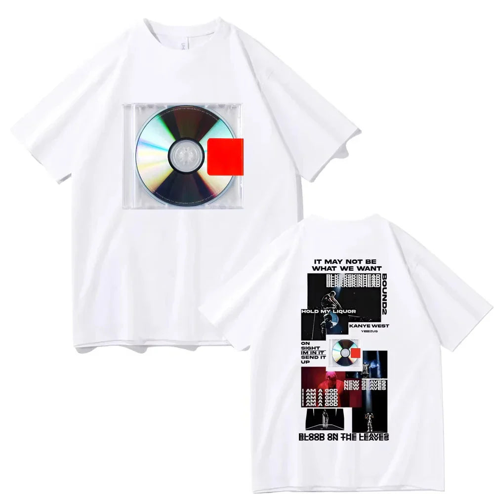 White cotton male oversized streetwear t shirt with kanye west yeezus album cover print front and blood on the leaves back