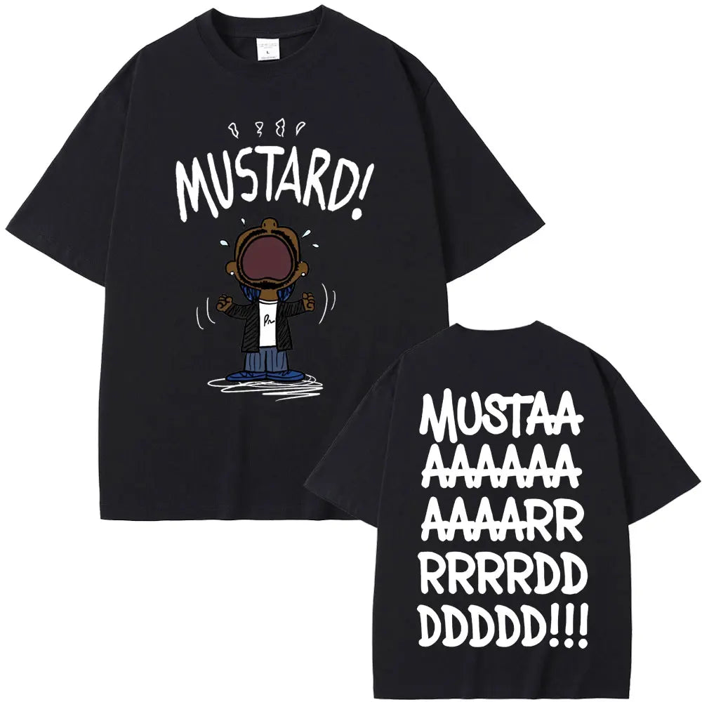 Black oversized t-shirt featuring rapper kendrick lamar mustard funny print with stylized back text for women hip hop fans