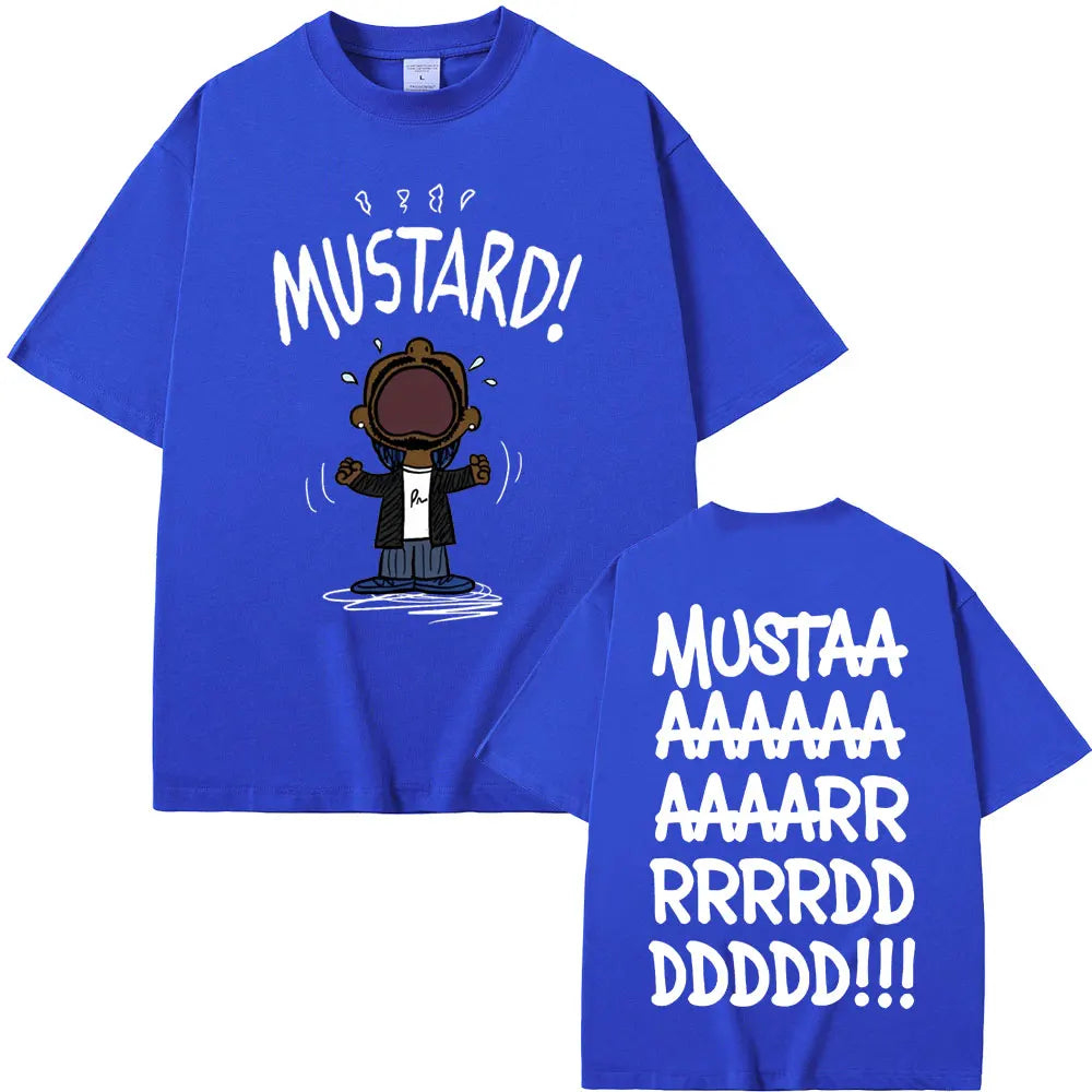 Blue oversized t-shirt with rapper kendrick lamar mustard funny print and text on back for women hip hop fans