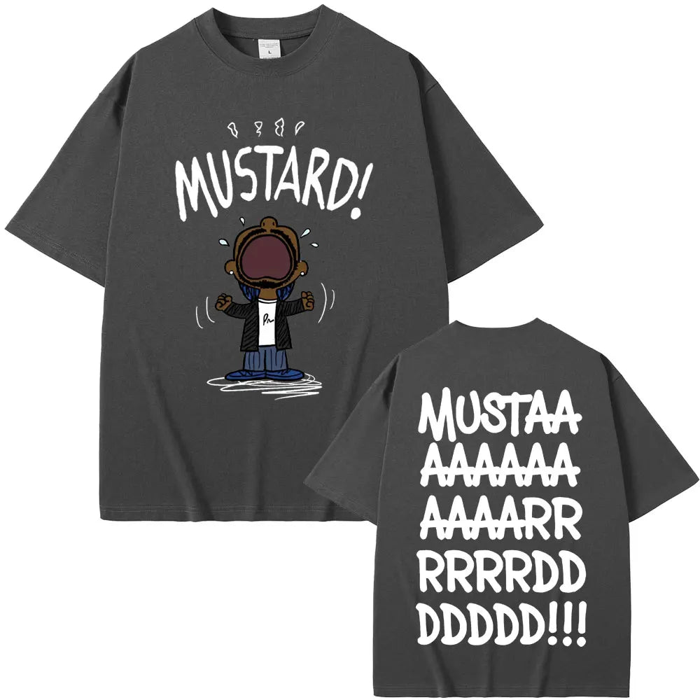 Dark gray oversized t-shirt with rapper kendrick lamar mustard funny print cartoon graphic and bold white text on back for women hip hop