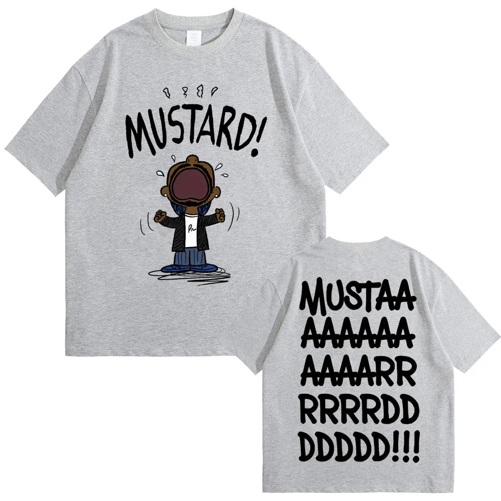 Gray heathered cotton t-shirt featuring rapper kendrick lamar mustard funny print and bold text on the back for women hip hop fans