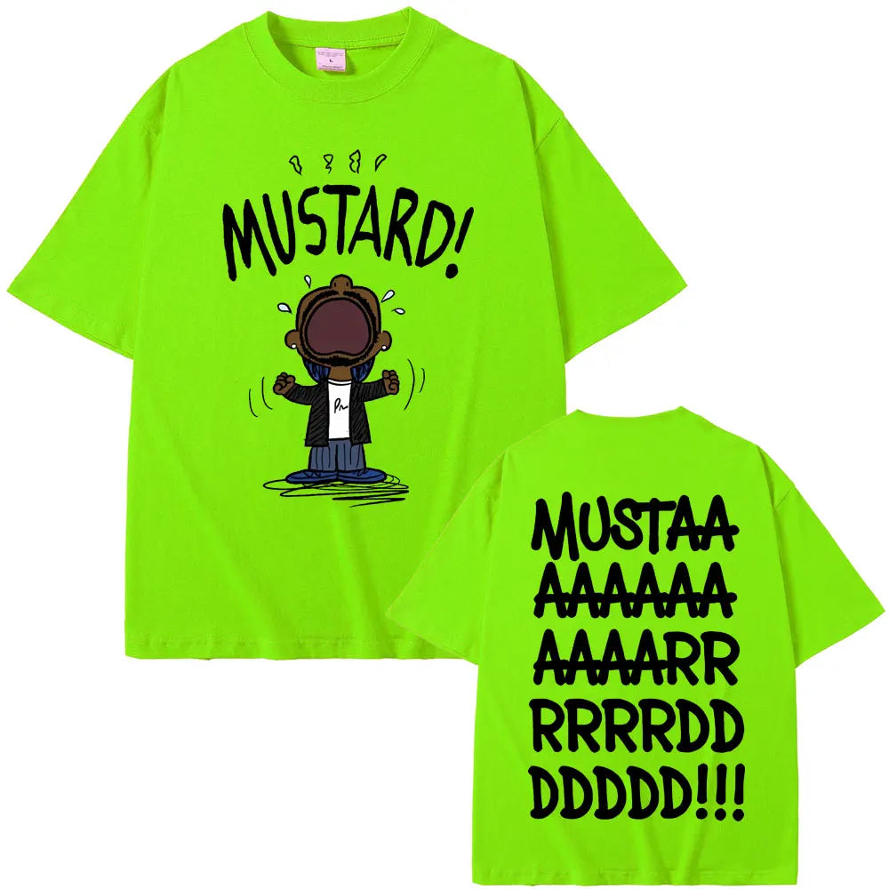 Bright neon green oversized t-shirt with rapper kendrick lamar mustard funny print for women hip hop fans front and back view