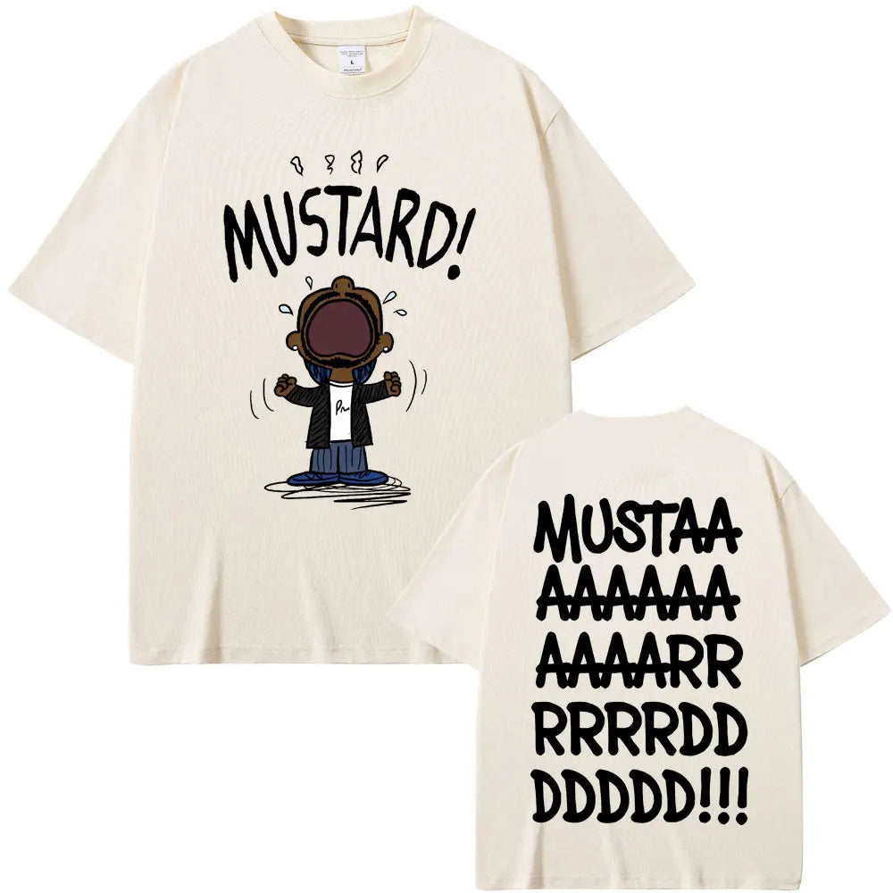 Cream-colored oversized t-shirt featuring rapper kendrick lamar mustard funny print for women hip hop fans front and back view