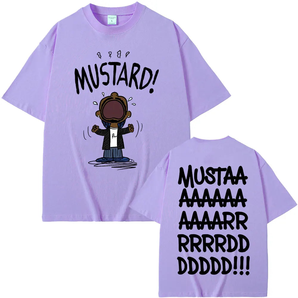 Lavender short-sleeved t-shirt with mustard funny print and rapper kendrick lamar cartoon for women hip hop fans