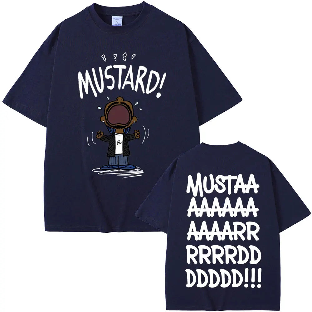 Navy blue oversized t-shirt with rapper kendrick lamar mustard funny print front graphic and white text on back for women hip hop