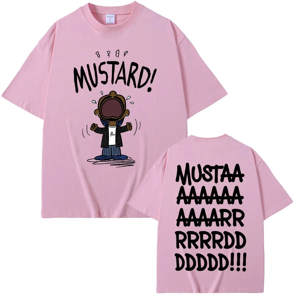 Pink short-sleeved t-shirt with rapper kendrick lamar mustard funny print and bold back text for women hip hop fans