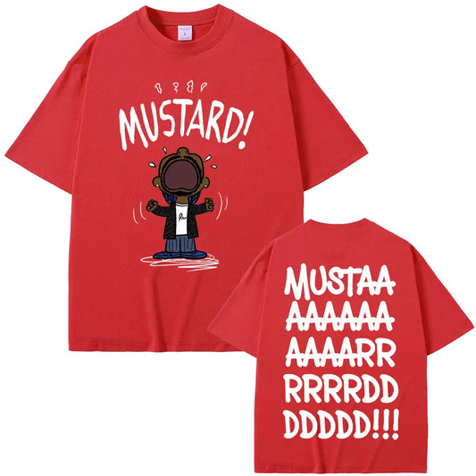 Red oversized t-shirt featuring rapper kendrick lamar mustard funny print and text on the back for women hip hop fans