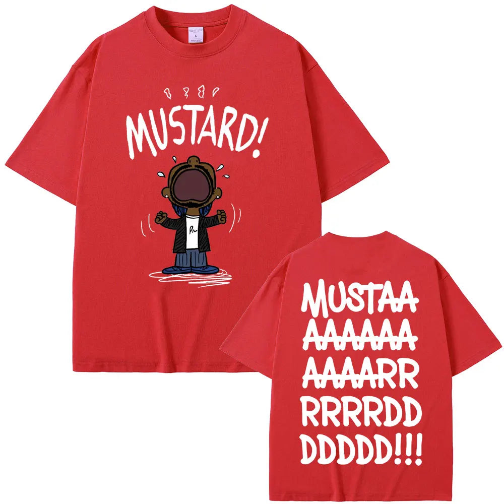 Red oversized t-shirt with rapper kendrick lamar mustard funny print and text on the back women hip hop style