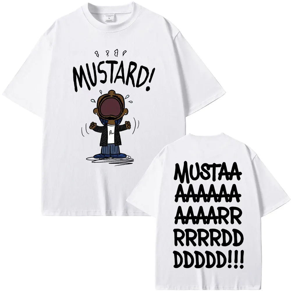 White cotton t-shirt featuring rapper kendrick lamar mustard funny print with cartoon graphic for women hip hop fans