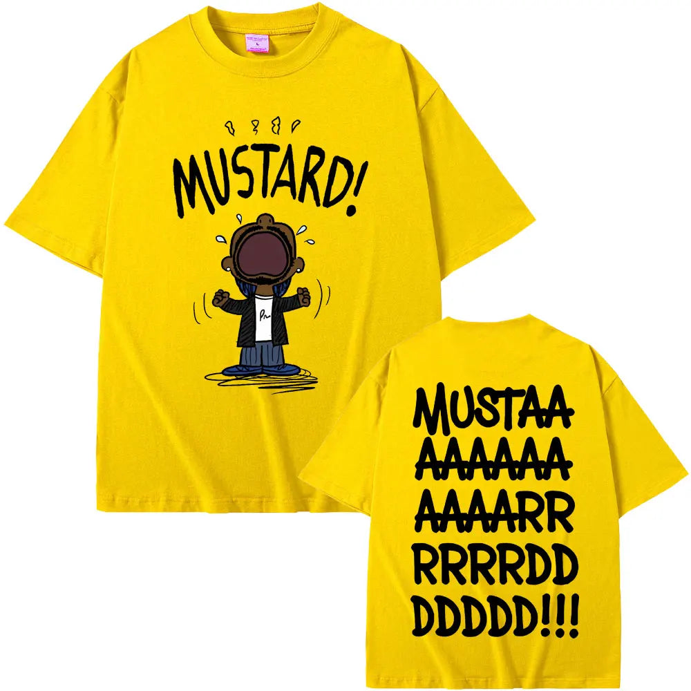 Bright yellow oversized t-shirt featuring rapper Kendrick Lamar mustard funny print and bold back text for women hip hop fans
