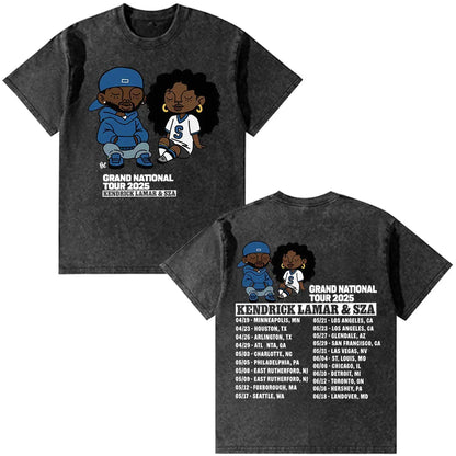 Black distressed cotton t-shirt featuring cartoon rap artist kendrick lamar and sza with vintage washed oversized style