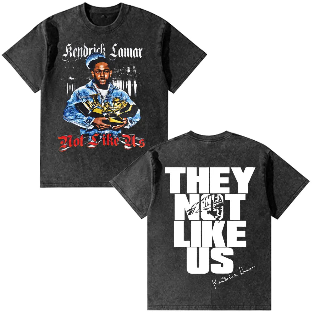 Black cotton rapper kendrick lamar t-shirt with graphic front and bold white text back vintage washed oversized fashion hip hop