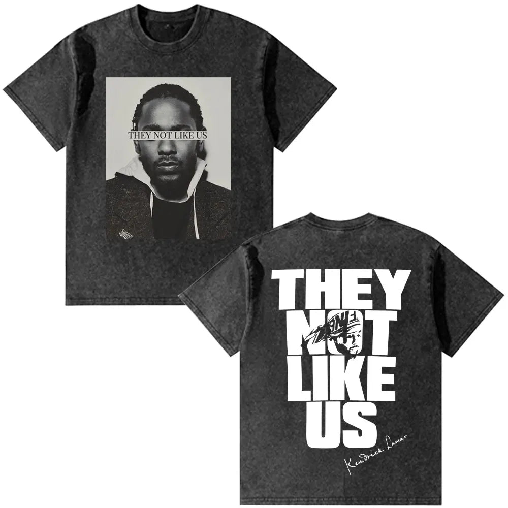 Black distressed cotton t-shirt with rapper kendrick lamar portrait front and vintage washed oversized fashion hip hop back